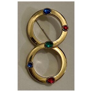 Large Gold Tone Double Circle Brooch Red Blue Green Cabochon Statement